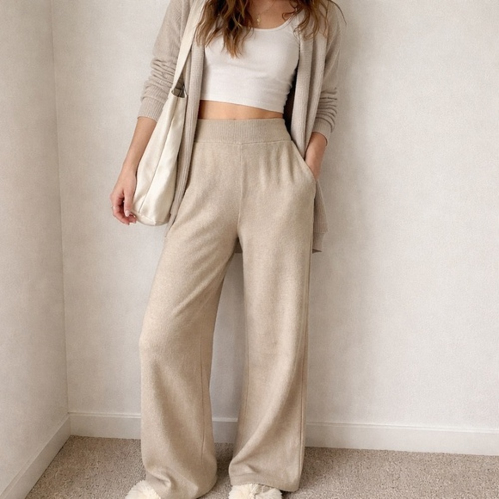 Soma Wide Leg Sweater Knit Lounge‎ Pants High Rise Beige Small NWT Casual